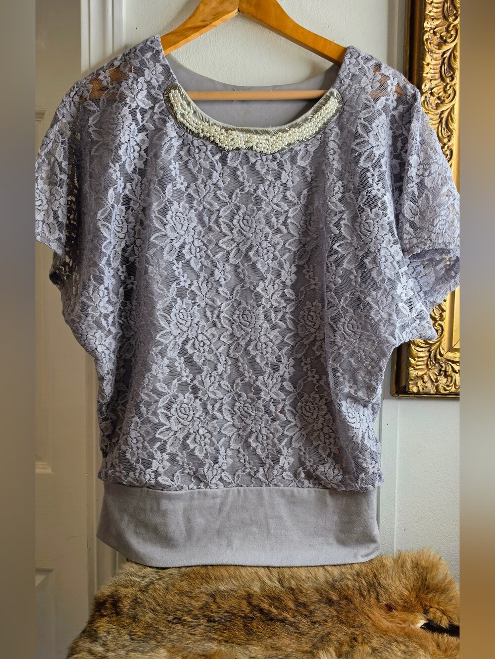 Maurices Gray Lace Top with Pearl Trim
